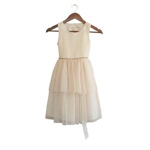 Girls Size 7-8 Cream Ivory Tulle Tiered Flower Girl Party Dress Rhinestone Belt